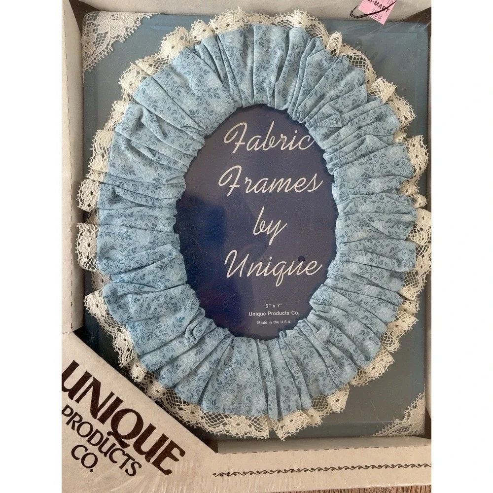 Vintage 5x7 Fabric Picture Frame Blue Floral Lace Cottagecore NOS Sealed USA